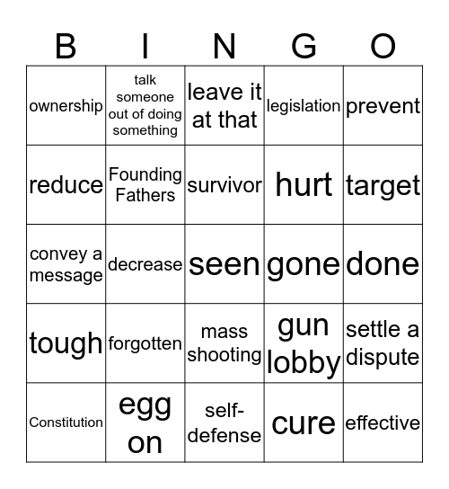 Gun violence vocabulary Bingo Card