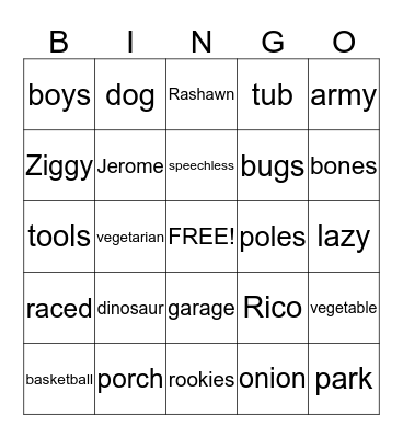 Ziggy and the Black Dinosaurs Chapter 1 Bingo Card