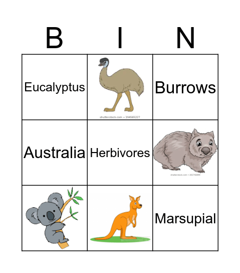 Australian Animals Bingo Card