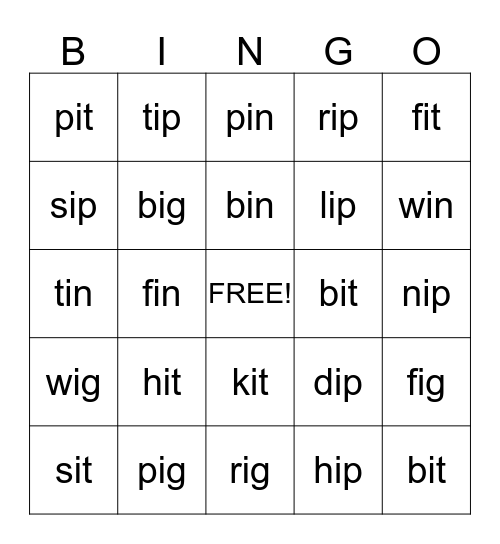 Short i Bingo Card