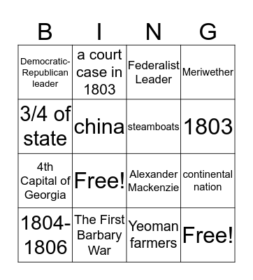 1800-1810: A Decade of Change Bingo Card