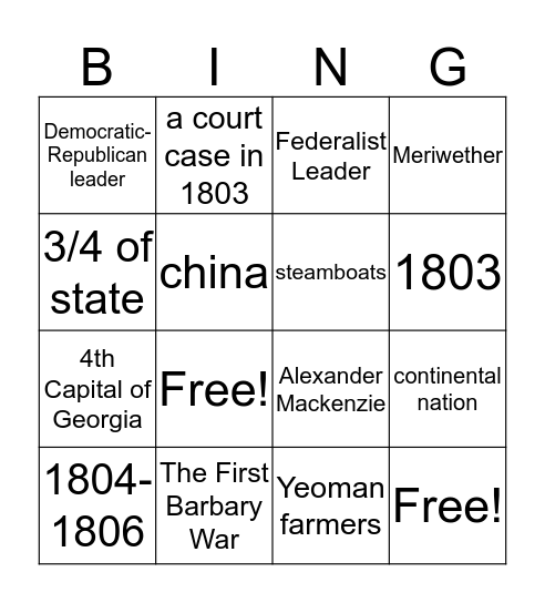 1800-1810: A Decade of Change Bingo Card