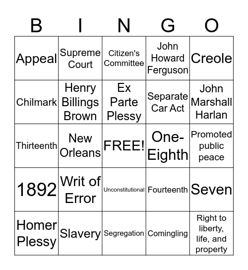Plessy v. Ferguson Bingo Card