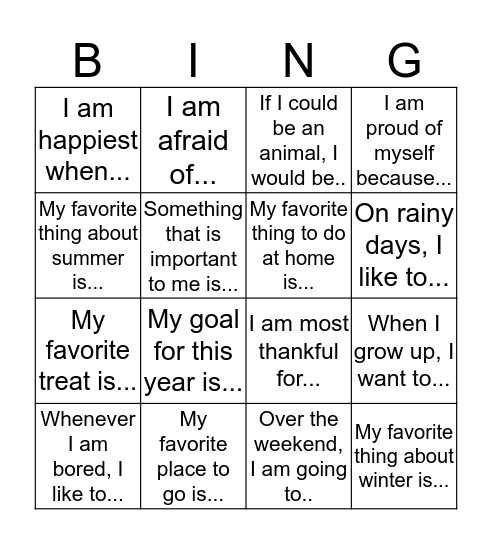 Story Starters Bingo Card