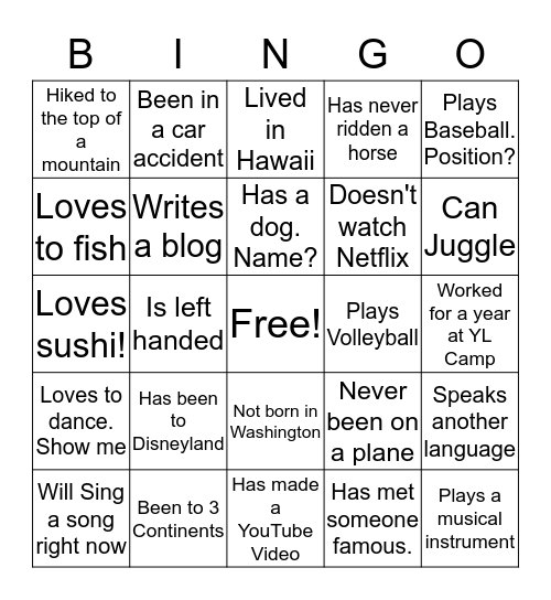 Human Bingo! Bingo Card