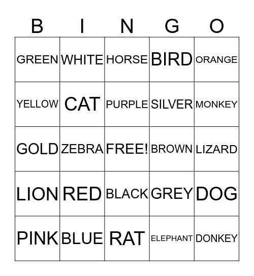 COLORS AND ANIMALS Bingo Card