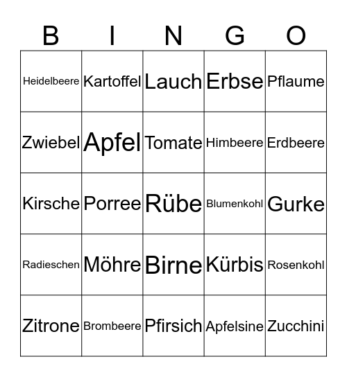 Gemüse und Obst Bingo Card