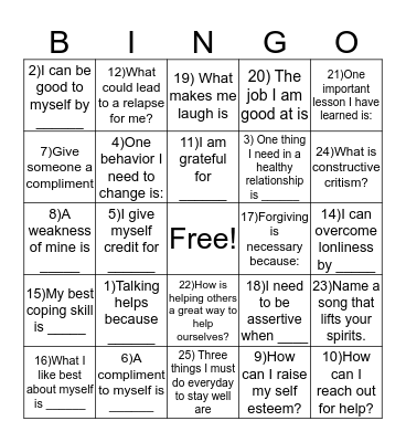 Mental Health Bingo Card