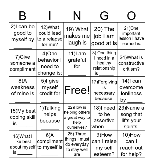 Mental Health Bingo Card