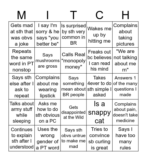 Mitchel's Bingo Card