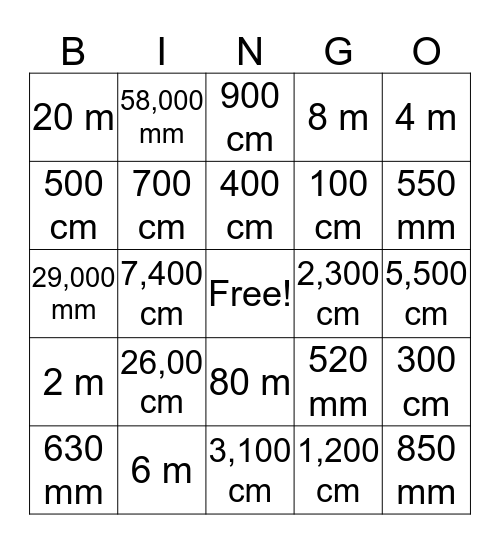 Units of Conversion - Metric Bingo Card