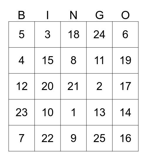 Number Bingo Card