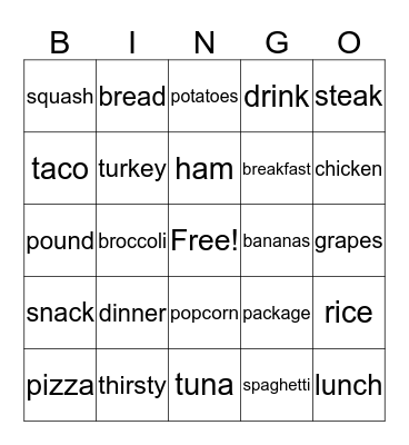 Food Bingo Card