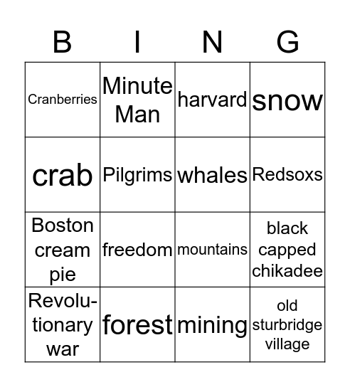 Massachusetts Bingo Card