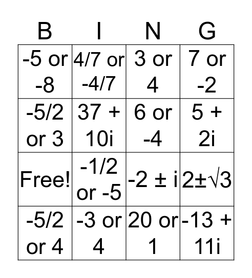 Math Bingo! Bingo Card