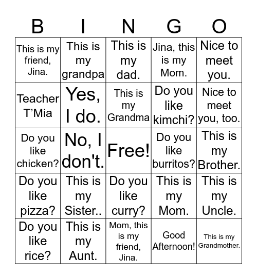 This is my sister! Bingo Card