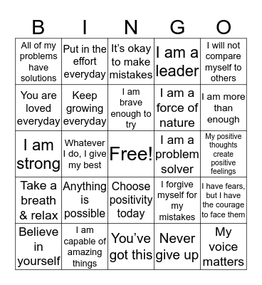 Positive Affirmations Bingo Card