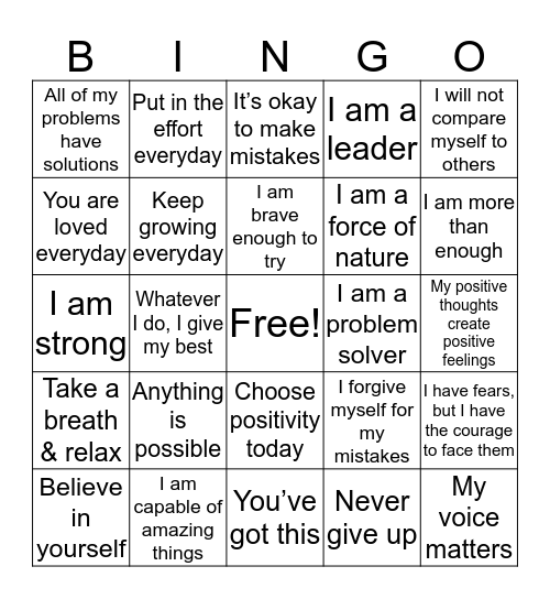 Positive Affirmations Bingo Card