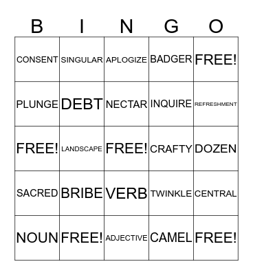 ENGLISH BINGO Card