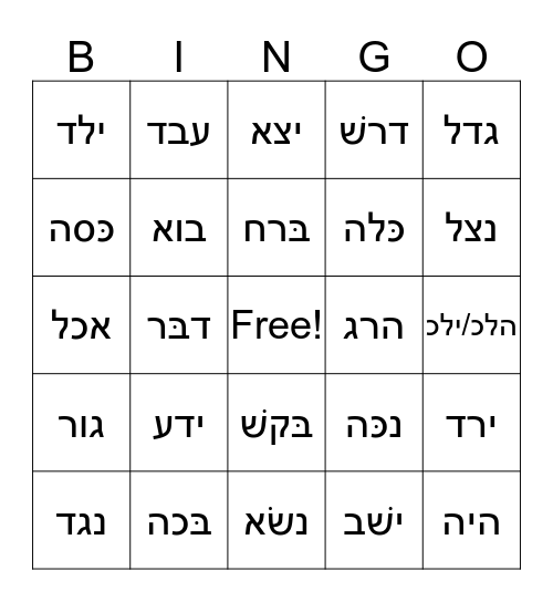 Common shorashim (1-40) 4th/5th Grade - Hebrew Bingo Card