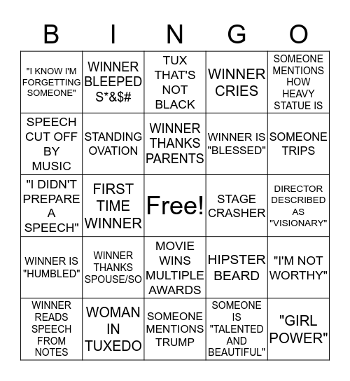 OSCARS 2019 Bingo Card