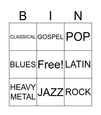 MUSIC GENRE BINGO Card