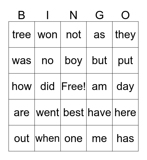 Sight Word Bingo Card