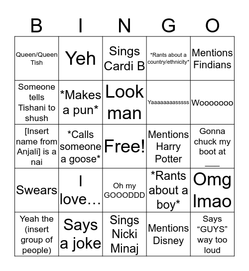 Tishani's weird behaviour Bingo Card