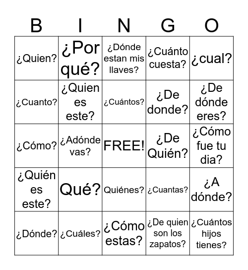 Question Words Bingo Card