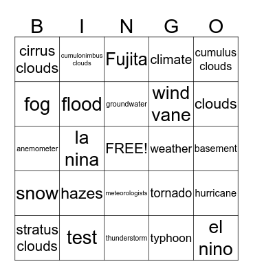 Weather Bingo Card