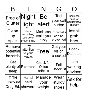 Slips, Trips and Falls Bingo Card