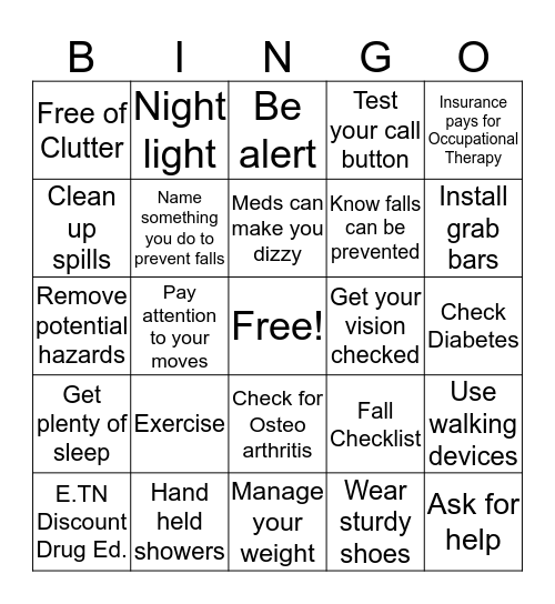 Slips, Trips and Falls Bingo Card