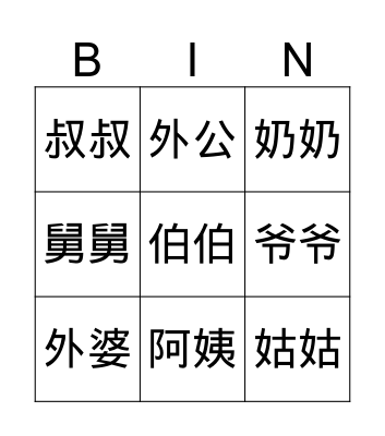 family member Bingo Card