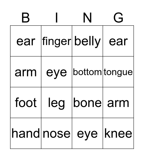 Parts Of The Body Bingo Card