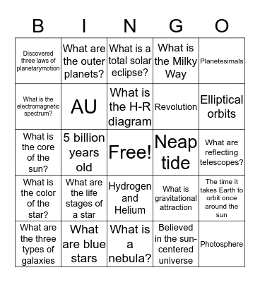 Space Science Bingo Card