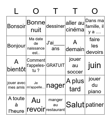 Jouons en français- Introduction Bingo Card