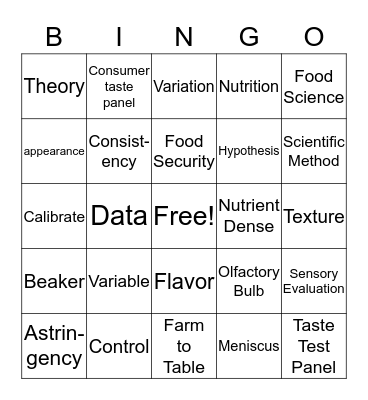 Food Science Unit 1 Bingo Card