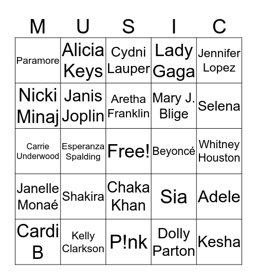 Women's History Month Music Bingo Card