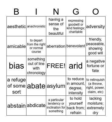 SAT Vocabulary List 1 Bingo Card