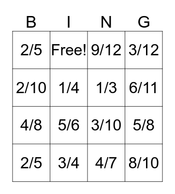 Fraction Number Stories Bingo Card