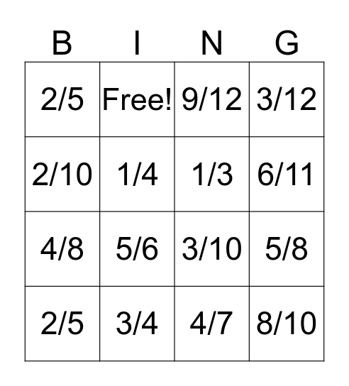 Fraction Number Stories Bingo Card