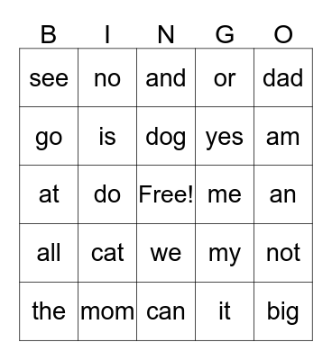 SIGHT WORDS Bingo Card