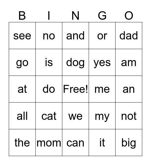 SIGHT WORDS Bingo Card