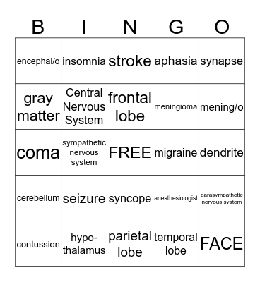 Medical Terminology of the Nervous System Bingo Card