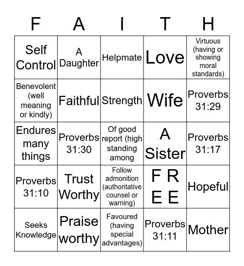 Virtuous Woman Bingo Card
