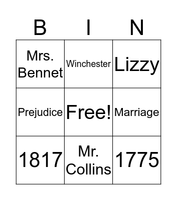 Jane Austen Bingo Card