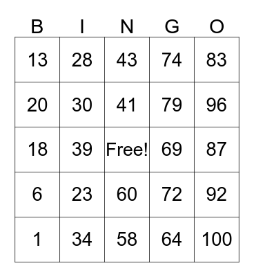 Number Bingo Card