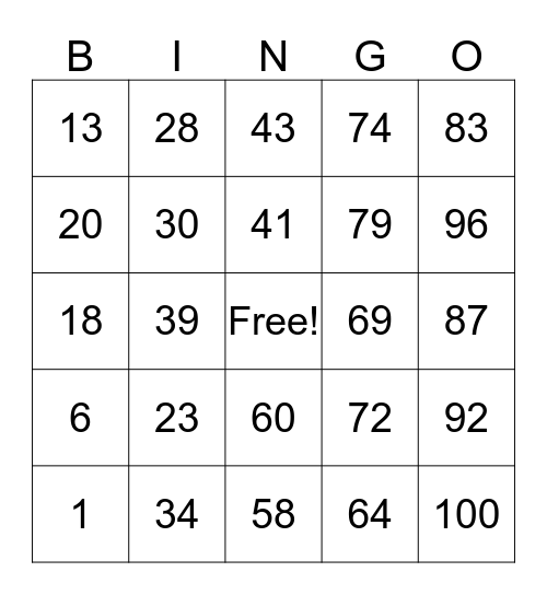 Number Bingo Card