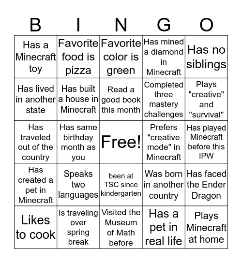 Minecraft Codebuilders Bingo Card