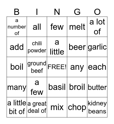 Cooking Terms, Ingredients & Quantifiers Bingo Card